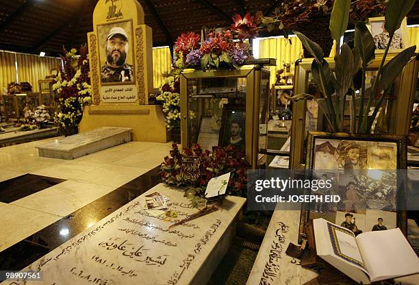 Picture shows the grave of slain Hezbollah commander Imad Mughnieh and the tombs of other Hezbollah militants in southern Beirut on February 16,...