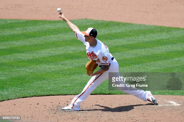 Kevin Gausman of the Baltimore Orioles pitches in the fifth inning against the Los Angeles Angels at Oriole Park at Camden Yards on July 1, 2018 in...