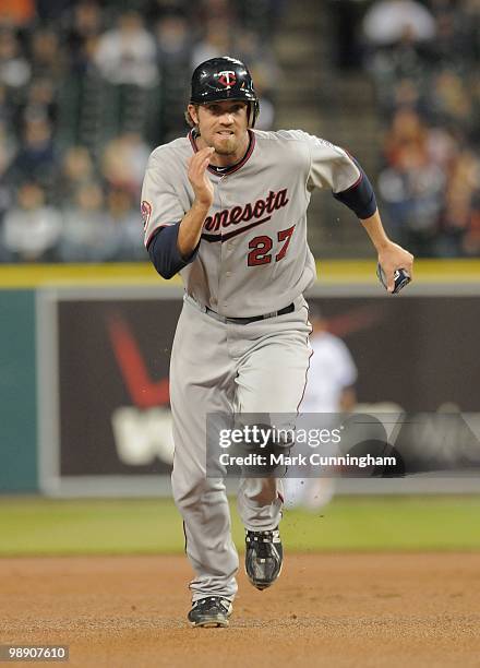 Hardy of the Minnesota Twins runs the bases against the Detroit Tigers during the game at Comerica Park on April 28, 2010 in Detroit, Michigan. The...