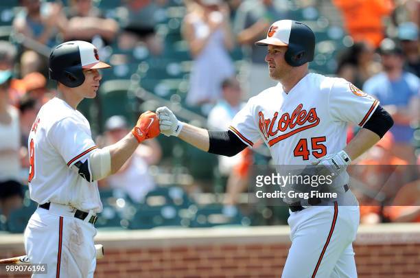 Mark Trumbo of the Baltimore Orioles celebrates with Chris Davis after hitting a home run in the fifth inning against the Los Angeles Angels at...