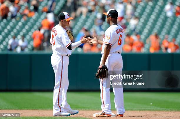 Manny Machado and Jonathan Schoop of the Baltimore Orioles celebrate after a 8-2 victory against the Los Angeles Angels at Oriole Park at Camden...