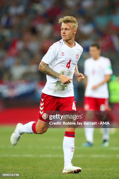 Simon Kjaer of Denmark in action during the 2018 FIFA World Cup Russia Round of 16 match between Croatia and Denmark at Nizhny Novgorod Stadium on...