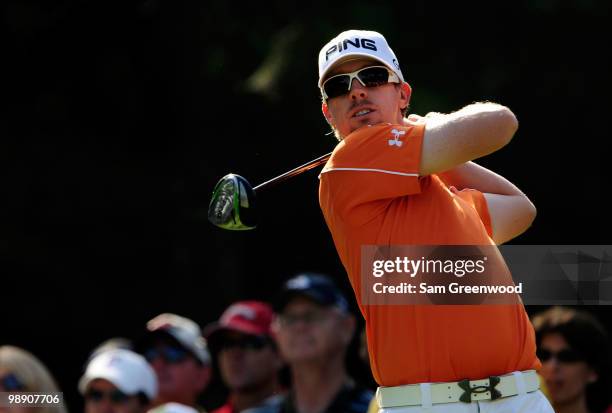 Hunter Mahan hits his tee shot on the 12th hole during the second round of THE PLAYERS Championship held at THE PLAYERS Stadium course at TPC...