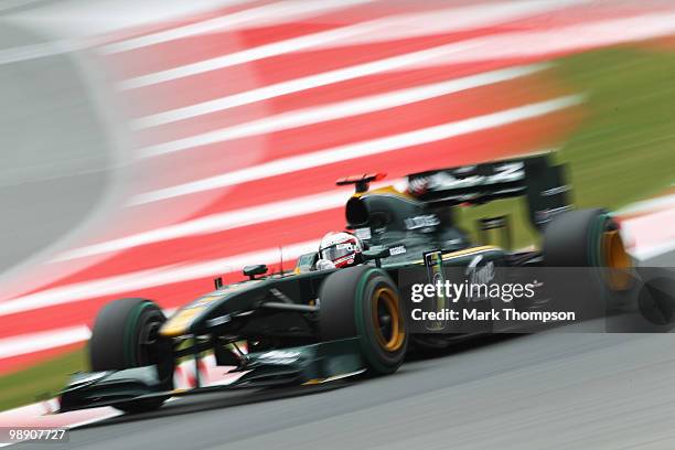 Jarno Trulli of Italy and Lotus drives during practice for the Spanish Formula One Grand Prix at the Circuit de Catalunya on May 7, 2010 in...