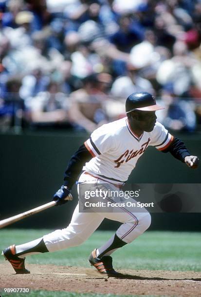 Second baseman Joe Morgan of the San Francisco Giants swings and watches the flight of his ball circa 1981 during a Major League Baseball game at...