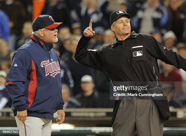 Manager Ron Gardenhire of the Minnesota Twins reacts to being ejected by home plate umpire Gary Darling during the game against the Detroit Tigers at...