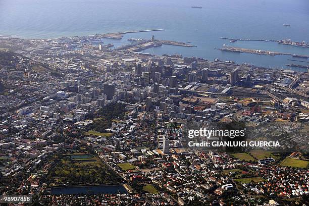 General view of the city of Cape Town is seen from the top of Table Mountain at the arrival station of the Table mountain cableway on May 7, 2010 in...