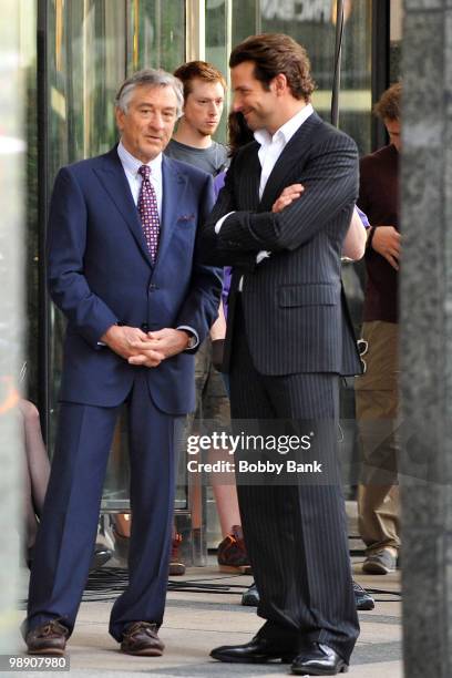 Robert De Niro and Bradley Cooper work on location for "The Dark Fields" on May 6, 2010 in Philadelphia, Pennsylvania.