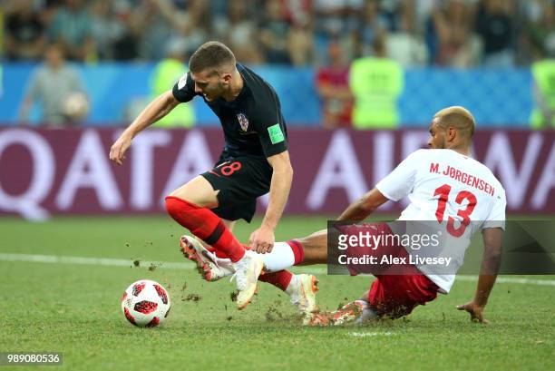 Ante Rebic of Croatia is fouled inside to gain a penalty during the 2018 FIFA World Cup Russia Round of 16 match between Croatia and Denmark at...