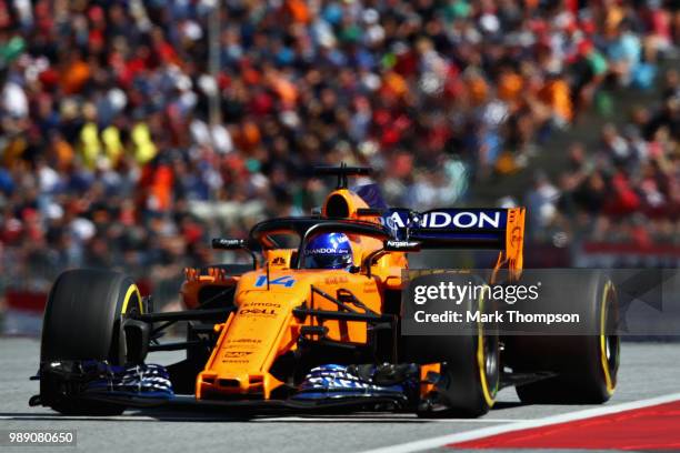 Fernando Alonso of Spain driving the McLaren F1 Team MCL33 Renault on track during the Formula One Grand Prix of Austria at Red Bull Ring on July 1,...