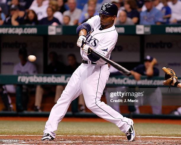 Outfielder Carl Crawford of the Tampa Bay Rays bats against the Kansas City Royals during the game at Tropicana Field on May 1, 2010 in St....