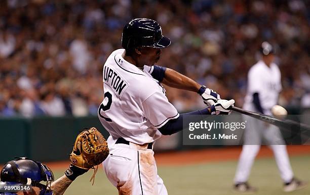 Outfielder B.J. Upton of the Tampa Bay Rays bats against the Kansas City Royals during the game at Tropicana Field on May 1, 2010 in St. Petersburg,...