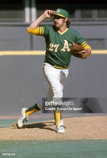 Pitcher Jim Catfish Hunter of the Oakland Athletics pitches against the Cincinnati Red during game two of World Series in October 15, 1972 at...