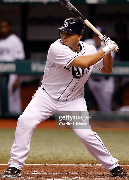 Catcher Dioner Navarro of the Tampa Bay Rays bats against the Kansas City Royals during the game at Tropicana Field on May 1, 2010 in St. Petersburg,...