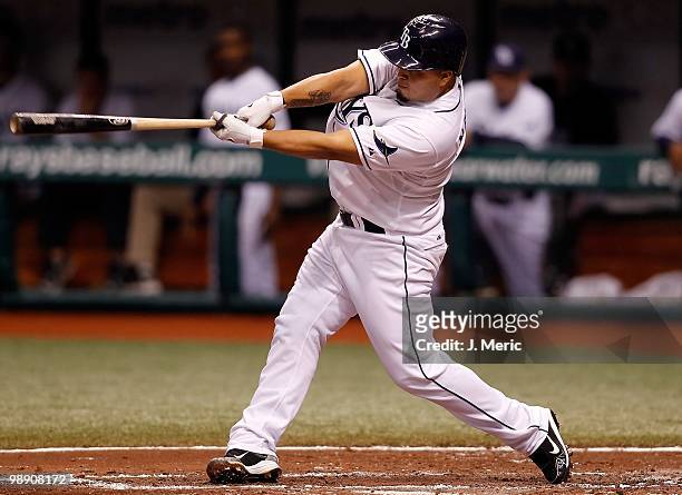 Catcher Dioner Navarro of the Tampa Bay Rays bats against the Kansas City Royals during the game at Tropicana Field on May 1, 2010 in St. Petersburg,...