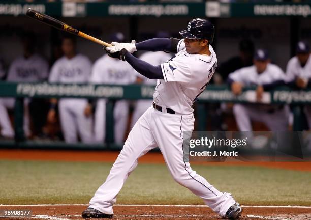 Infielder Carlos Pena of the Tampa Bay Rays bats against the Kansas City Royals during the game at Tropicana Field on May 1, 2010 in St. Petersburg,...