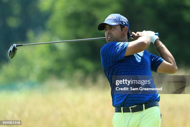 Anirban Lahiri of India hits off the second tee during the final round of the Quicken Loans National at TPC Potomac on July 1, 2018 in Potomac,...