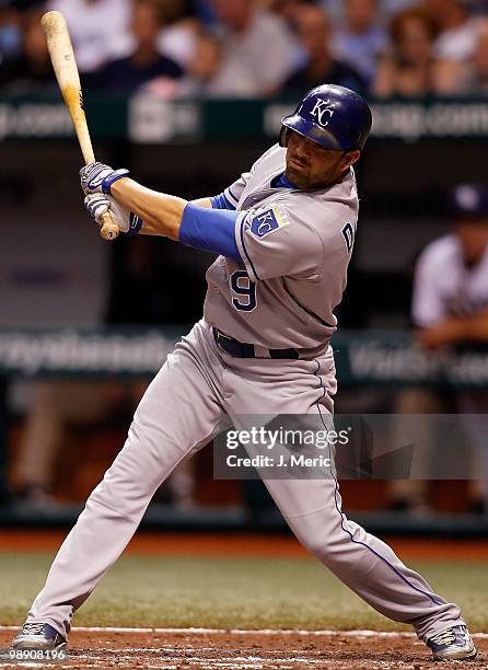 Outfielder David DeJesus of the Kansas City Royals fouls off a pitch against the Tampa Bay Rays during the game at Tropicana Field on May 1, 2010 in...