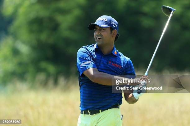 Anirban Lahiri of India hits off the second tee during the final round of the Quicken Loans National at TPC Potomac on July 1, 2018 in Potomac,...