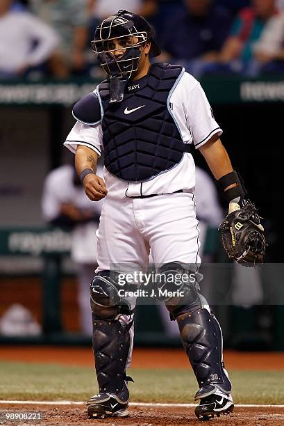 Catcher Dioner Navarro of the Tampa Bay Rays catches against the Kansas City Royals during the game at Tropicana Field on May 1, 2010 in St....