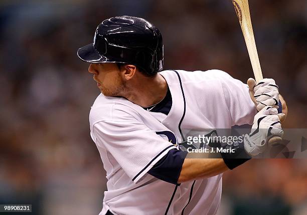 Infielder Ben Zobrist of the Tampa Bay Rays bats against the Kansas City Royals during the game at Tropicana Field on May 1, 2010 in St. Petersburg,...
