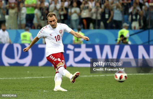 Christian Eriksen of Denmark misses his team's first penalty in the penalty shoot out during the 2018 FIFA World Cup Russia Round of 16 match between...