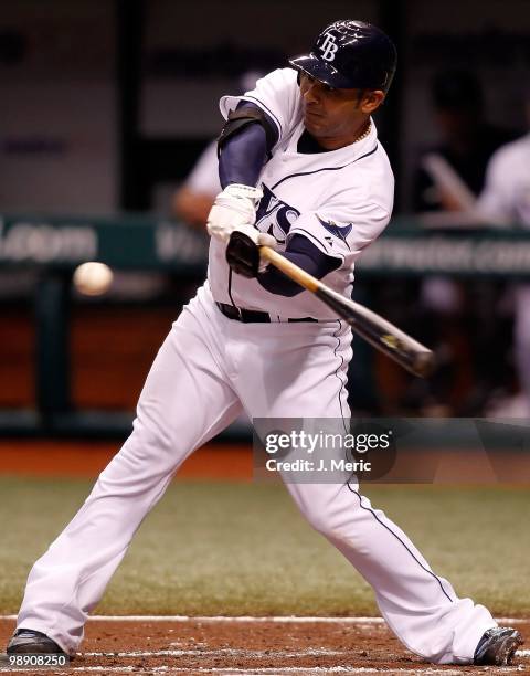 Infielder Carlos Pena of the Tampa Bay Rays bats against the Kansas City Royals during the game at Tropicana Field on May 1, 2010 in St. Petersburg,...