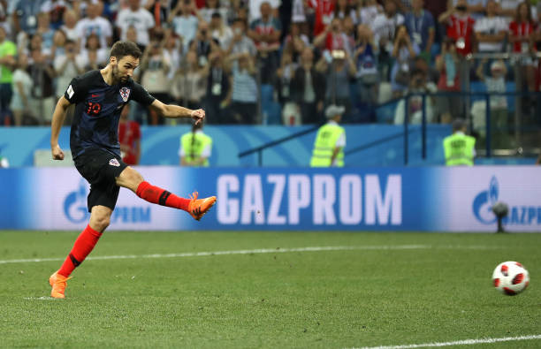 Milan Badelj of Croatia misses his team's first penalty in the penalty shoot out during the 2018 FIFA World Cup Russia Round of 16 match between...