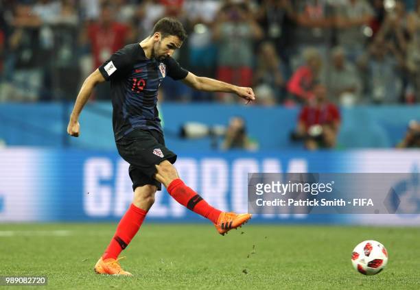 Milan Badelj of Croatia misses his team's first penalty in the penalty shoot out during the 2018 FIFA World Cup Russia Round of 16 match between...