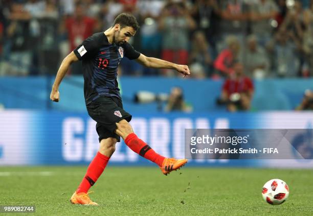 Milan Badelj of Croatia misses his team's first penalty in the penalty shoot out during the 2018 FIFA World Cup Russia Round of 16 match between...