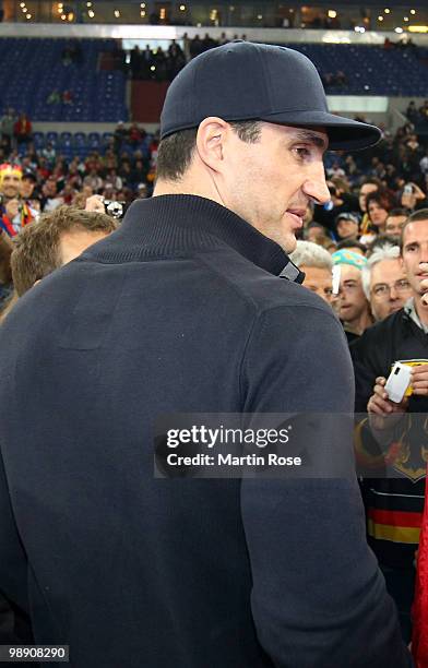 Boxing heavy weight champion Wladimr Klitschko of Ukraine seen prior to the IIHF World Championship group D match between USA and Germany at Veltins...