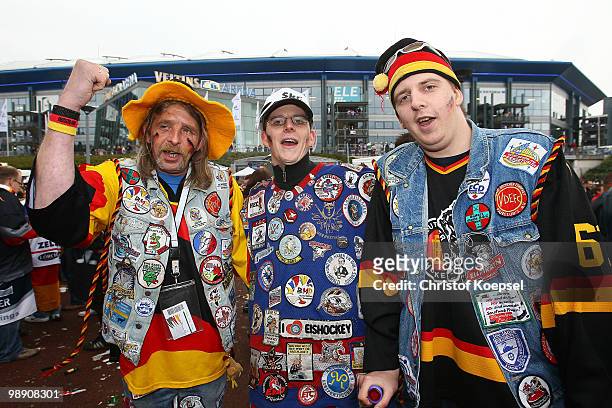 Fans of Germany celebrate before the IIHF World Championship group D match between USA and Germany at Veltins Arena on May 7, 2010 in Gelsenkirchen,...