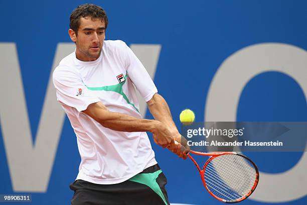 Marin Cilic of Croatia plays a back hand during his matach against Nicolas Almagro of Spain on day 6 of the BMW Open at the Iphitos tennis club on...