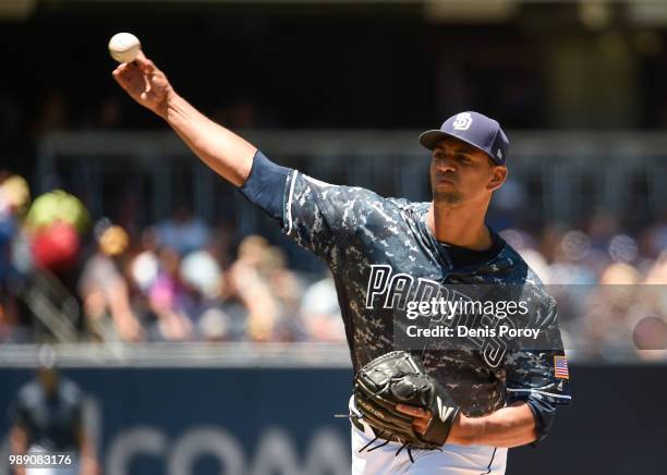 Tyson Ross of the San Diego Padres pitches during the first inning of a baseball game against the Pittsburgh Pirates at PETCO Park on July 1, 2018 in...