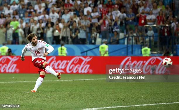 Lasse Schone of Denmark misses his team's fourth penalty in the penalty shoot out during the 2018 FIFA World Cup Russia Round of 16 match between...