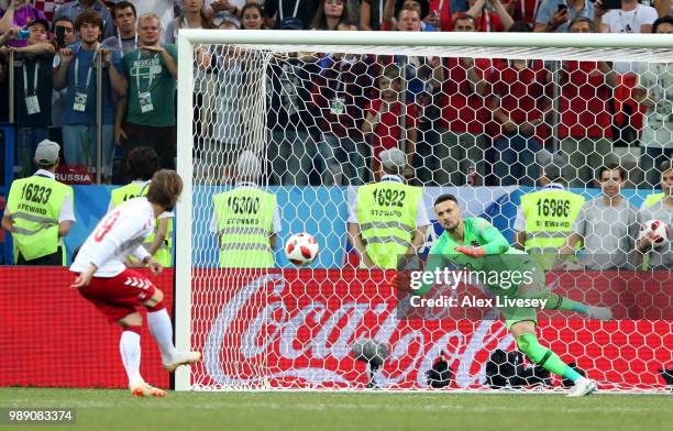 Lasse Schone of Denmark misses his team's fourth penalty, saved by Danijel Subasic of Croatia, in the penalty shoot out during the 2018 FIFA World...