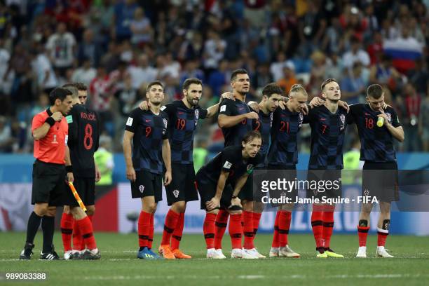 Croatia team line up ahead of the penalty shoot out during the 2018 FIFA World Cup Russia Round of 16 match between Croatia and Denmark at Nizhny...