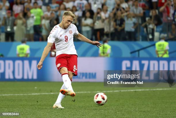 Nicolai Jorgensen of Denmark misses his team's fifth penalty in the penalty shoot out during the 2018 FIFA World Cup Russia Round of 16 match between...