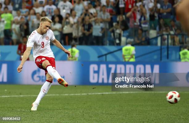 Nicolai Jorgensen of Denmark misses his team's fifth penalty in the penalty shoot out during the 2018 FIFA World Cup Russia Round of 16 match between...