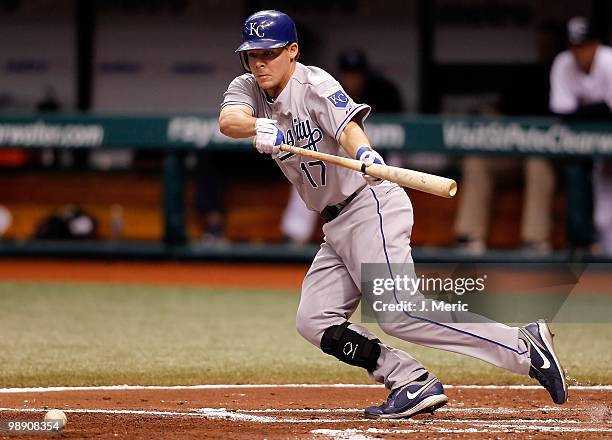 Infielder Chris Getz of the Kansas City Royals attempts a bunt against the Tampa Bay Rays during the game at Tropicana Field on May 1, 2010 in St....