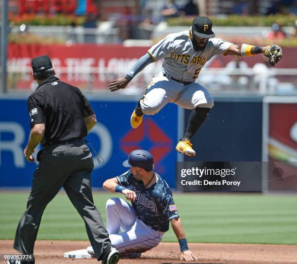 Eric Hosmer of the San Diego Padres steals second base as Josh Harrison of the Pittsburgh Pirates jumps for a hight throw during the first inning a...