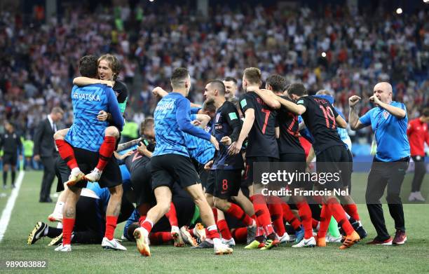 Croatia team celebrate their victory following the 2018 FIFA World Cup Russia Round of 16 match between Croatia and Denmark at Nizhny Novgorod...