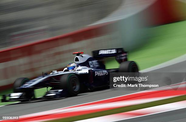 Rubens Barrichello of Brazil and Williams drives during practice for the Spanish Formula One Grand Prix at the Circuit de Catalunya on May 7, 2010 in...