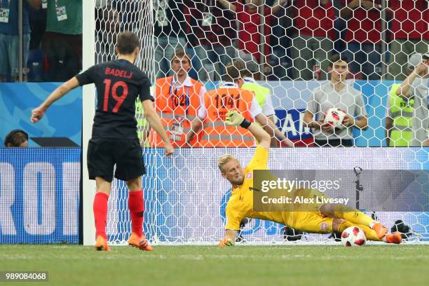 Kasper Schmeichel of Denmark saves the first penalty from Milan Badelj of Croatia in the penalty shoot out during the 2018 FIFA World Cup Russia...