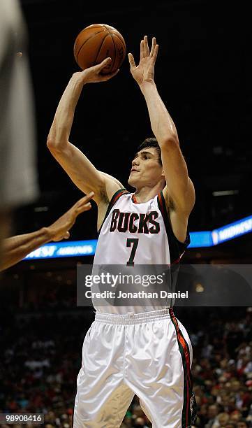 Ersan Ilyasova of the Milwaukee Bucks puts up a shot against the Atlanta Hawks in Game Six of the Eastern Conference Quarterfinals during the 2010...