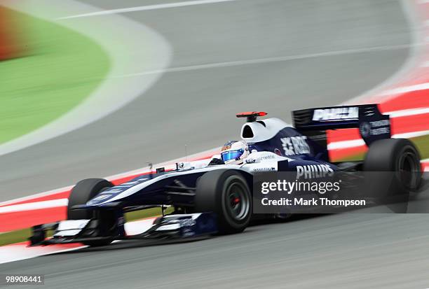 Rubens Barrichello of Brazil and Williams drives during practice for the Spanish Formula One Grand Prix at the Circuit de Catalunya on May 7, 2010 in...