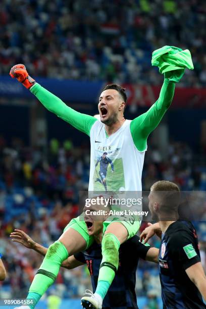 Danijel Subasic of Croatia celebrates following his sides victory in a penalty shoot out during the 2018 FIFA World Cup Russia Round of 16 match...