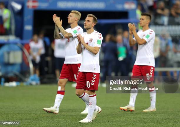 Christian Eriksen of Denmark applauds fans after the 2018 FIFA World Cup Russia Round of 16 match between Croatia and Denmark at Nizhny Novgorod...