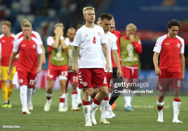 Simon Kjaer of Denmark looks dejected following the 2018 FIFA World Cup Russia Round of 16 match between Croatia and Denmark at Nizhny Novgorod...