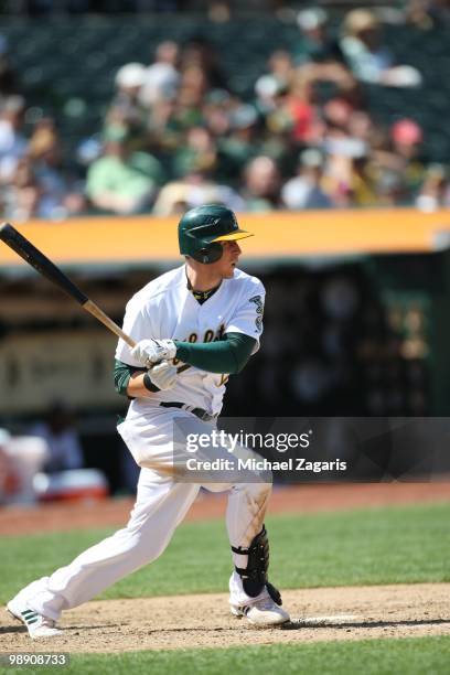 Ryan Sweeney of the Oakland Athletics hitting during the game against the Cleveland Indians at the Oakland Coliseum on April 24, 2010 in Oakland,...